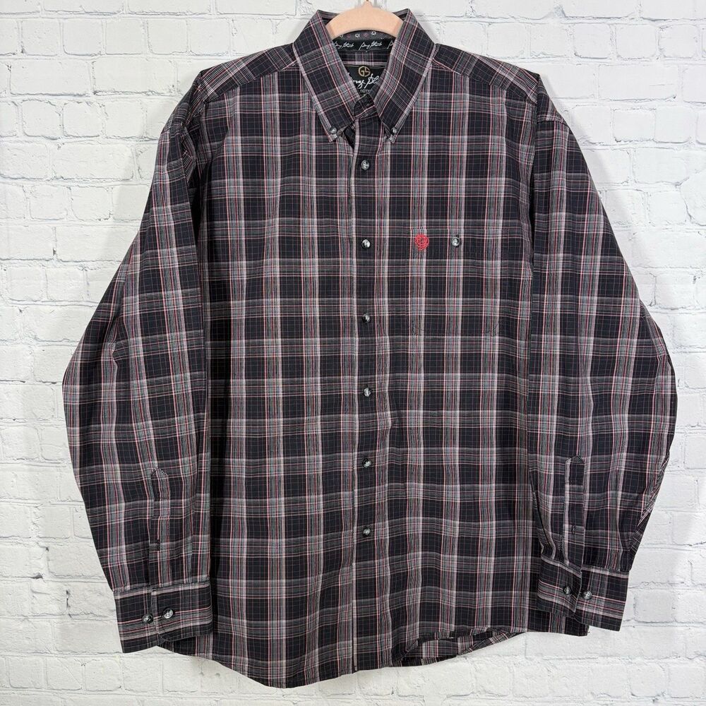 George Straight Wrangler Shirt Mens Large Plaid Black Purple Western Cowboy